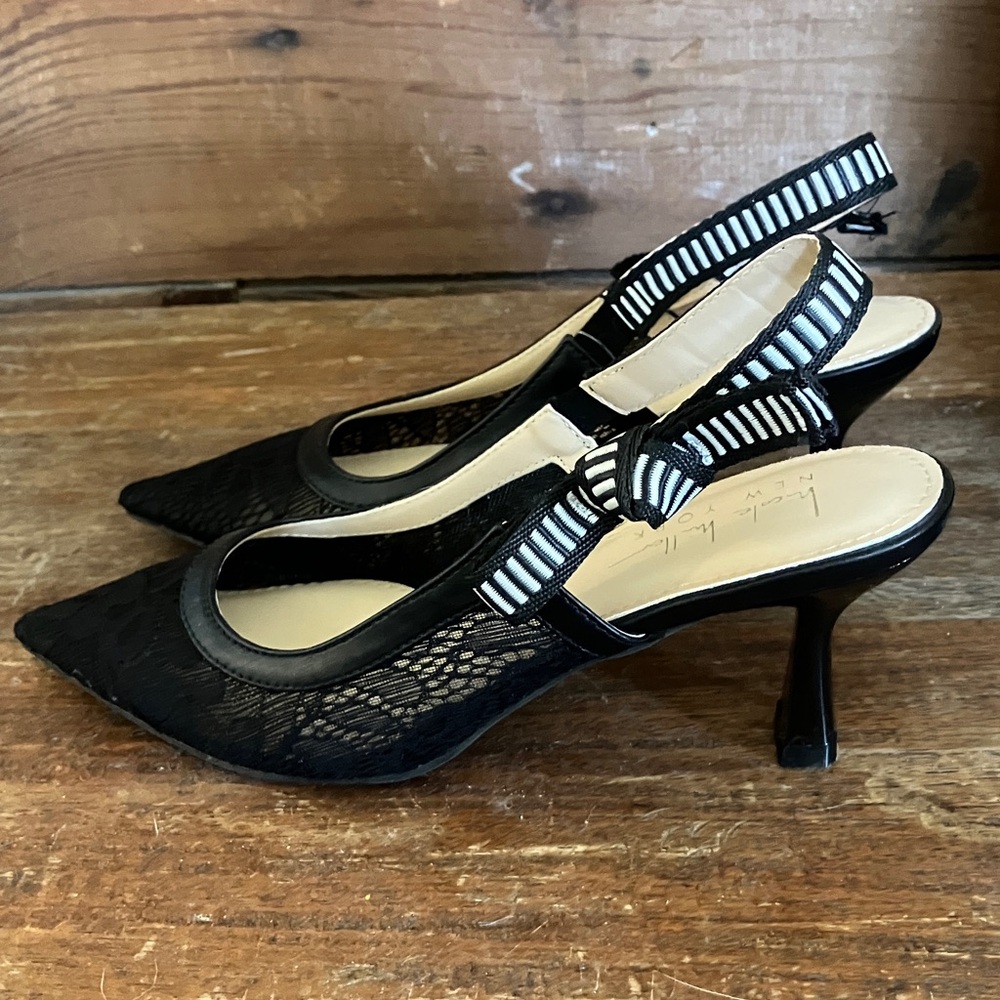 Nicole Miller Black Lace Heels with Striped Bow